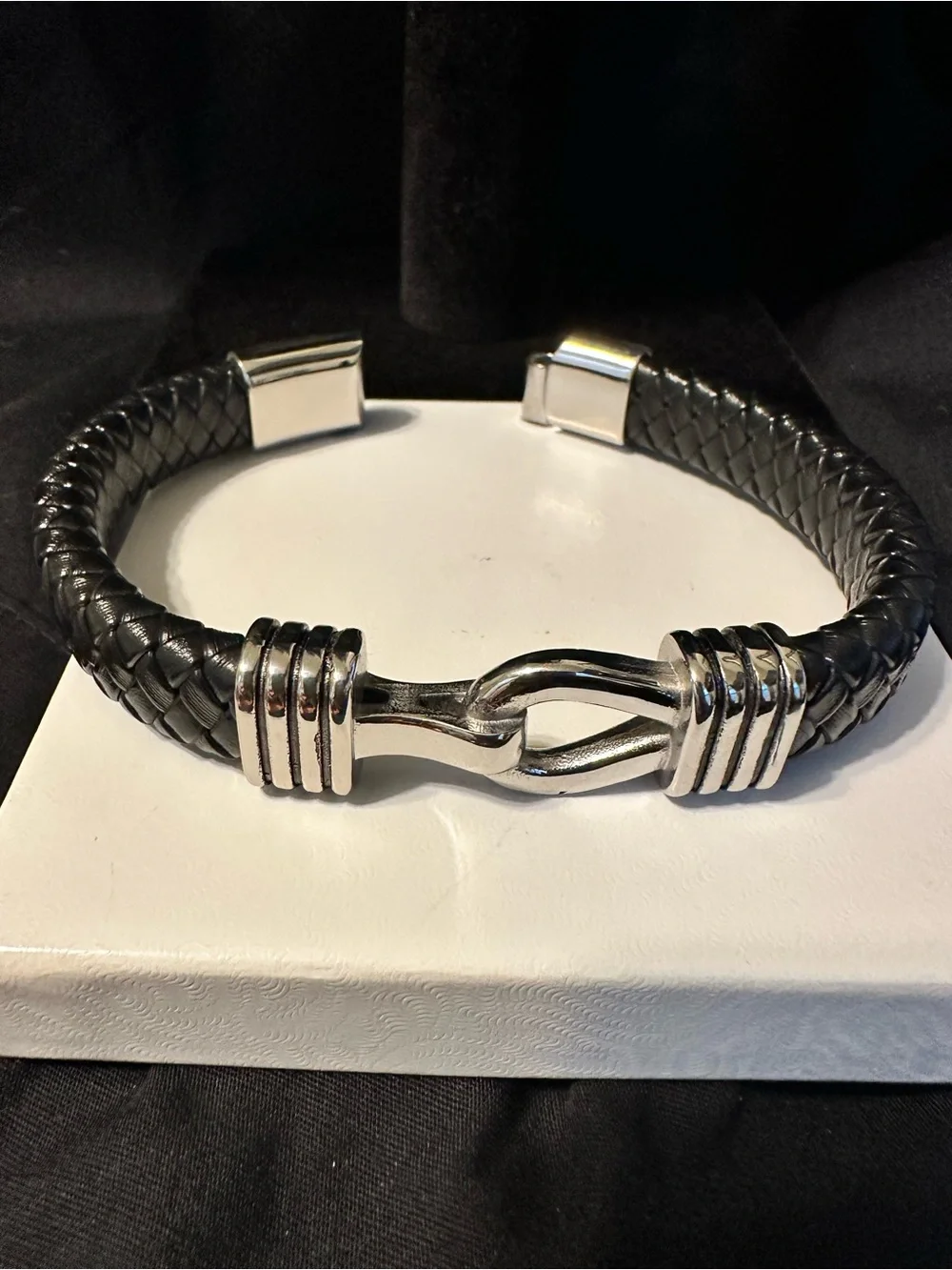 Jean Claude Black Braided Leather Men's Bracelet with Silver Hook Accent